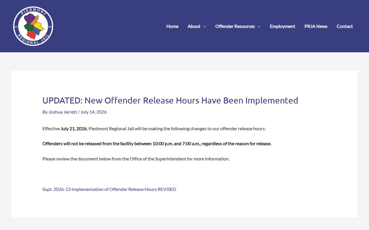 Piedmont Regional Jail notice about Lunenburg County inmate release hours